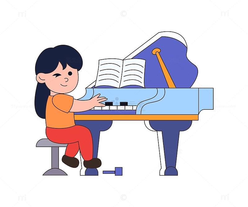 卡通线描弹钢琴的小女孩