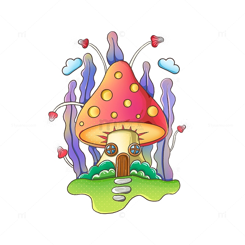 手绘场景蘑菇云蘑菇屋植物插画元素