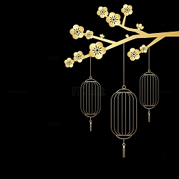 质感金色古风梅花灯笼边框装饰元素