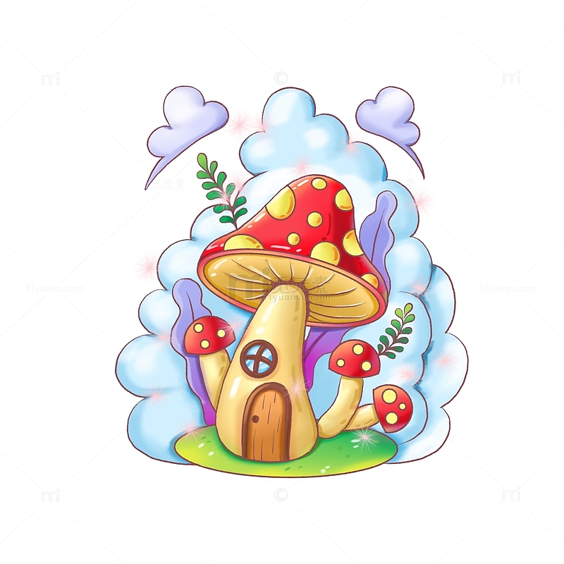 蘑菇屋手绘场景蘑菇云植物插画元素