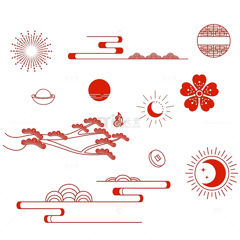 中式国潮红色古风海报素材矢量组合元素