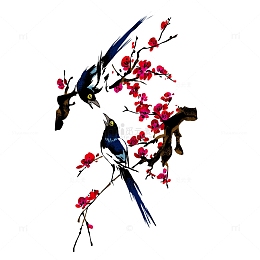 枝头梅花和喜鹊嬉戏