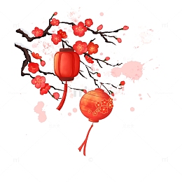中国风新年积雪梅花树枝挂灯笼