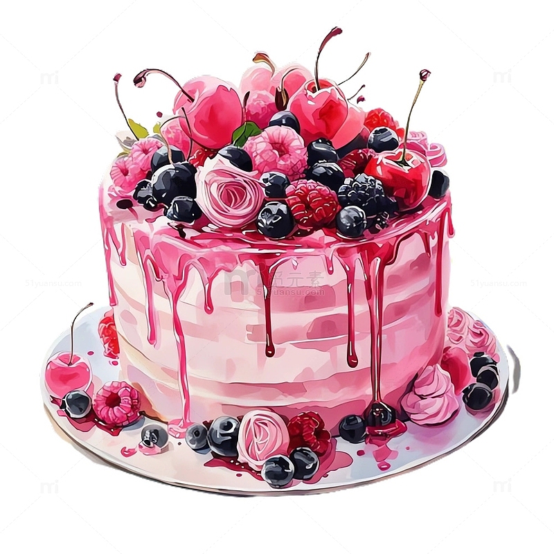 水彩风格树莓蛋糕