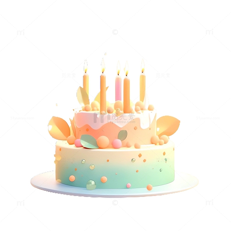 3D黄色的生日蛋糕