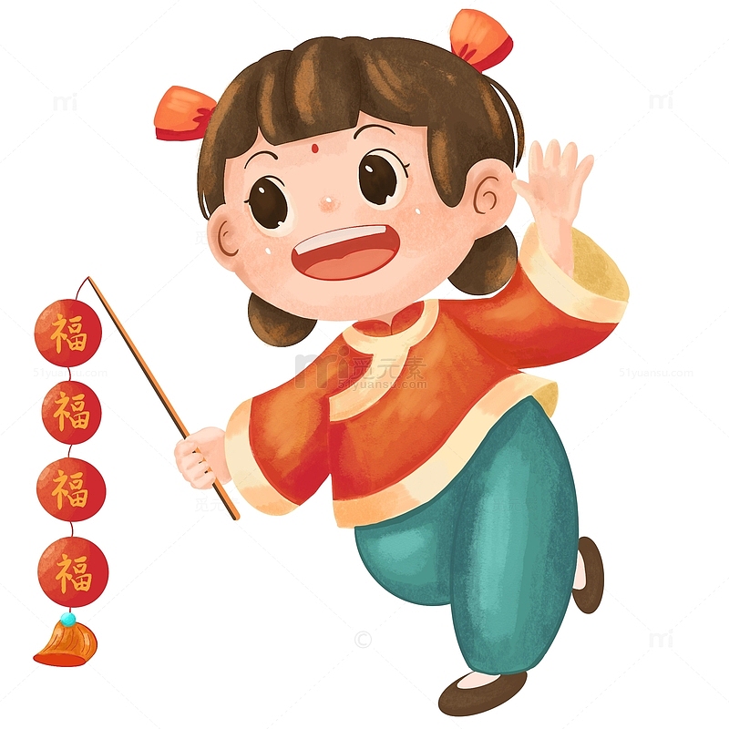 福娃春节新年喜庆手绘人物小孩儿奔跑