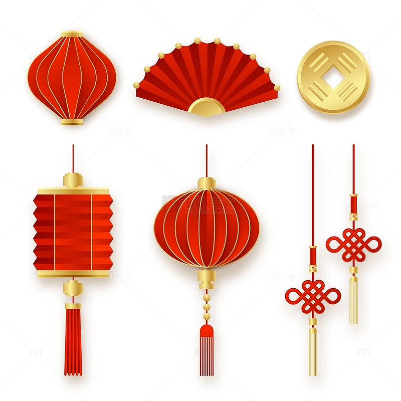 春节红色灯笼扇子中国节金币