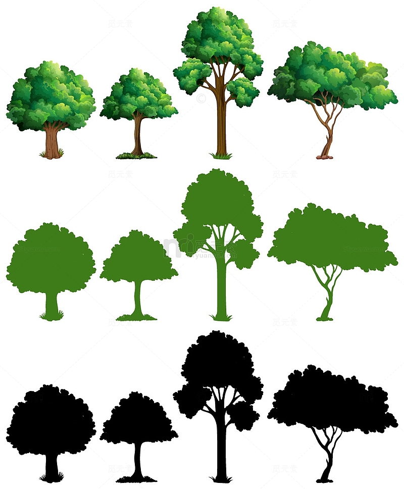 绿色卡通春天树木大树插画和剪影
