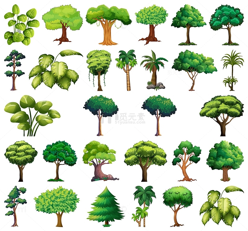 春天绿色植物树木卡通插画