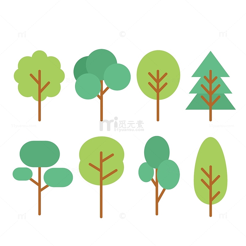 矢量扁平卡通绿色春天植物树木
