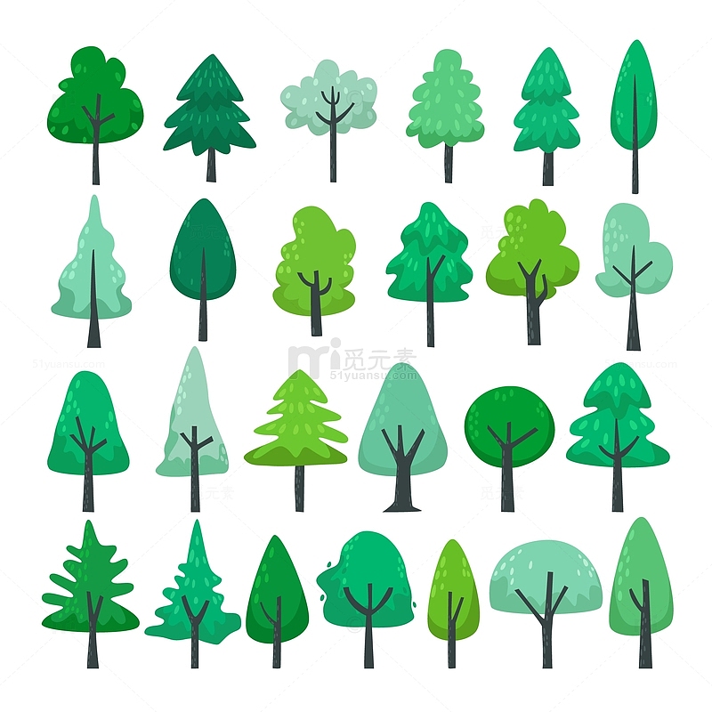 矢量扁平绿色植物树木插画
