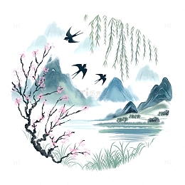 国风水墨春天圆形边框素材