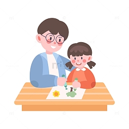 卡通简约一起画画的父女