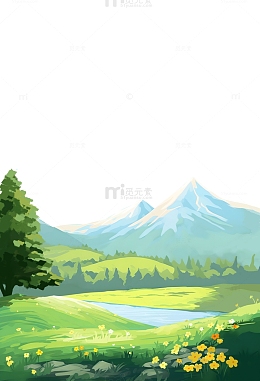 春天场景风景山丘花草草丛远山草坪