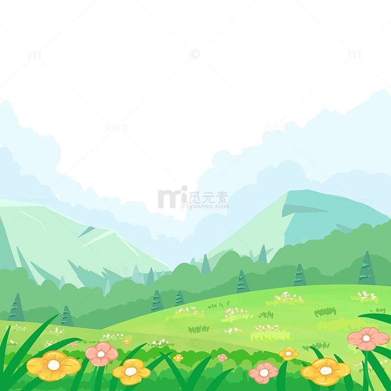春天草地山坡绿色鲜花手绘