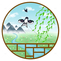 春天花窗立春小燕子风筝柳叶柳条山水柳树
