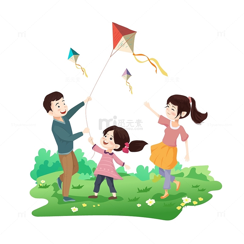 绿色卡通风格春天放风筝一家人