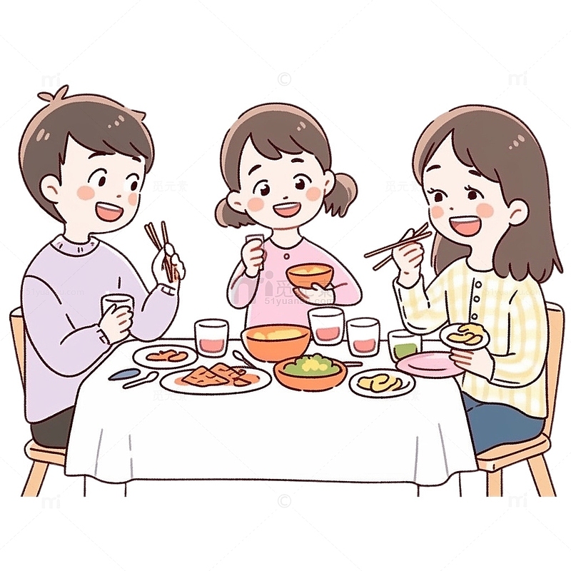 卡通父母与女儿聚餐