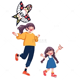 母女春天清明踏青放风筝