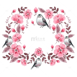 粉色水彩花鸟插画