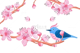 手绘桃花喜鹊
