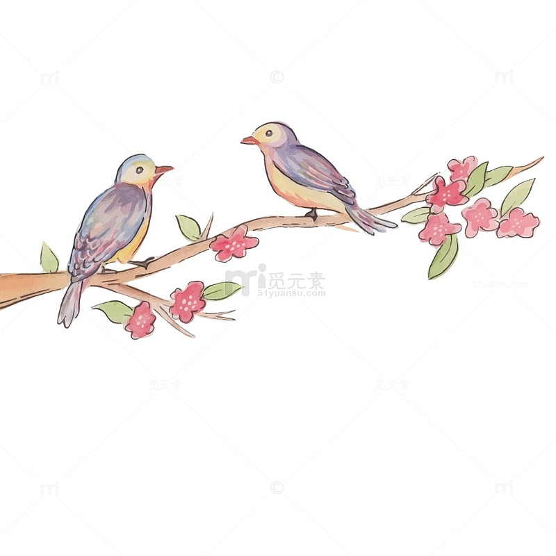 水彩涂鸦树枝上的小鸟