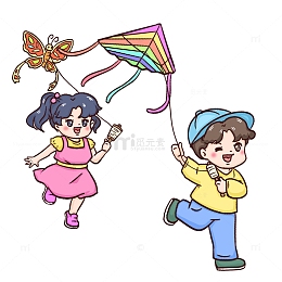 手绘卡通儿童放风筝素材