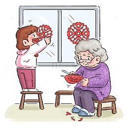 奶奶与孙女小年贴窗花人物组合