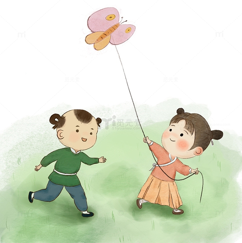 儿童放风筝传统古风水彩