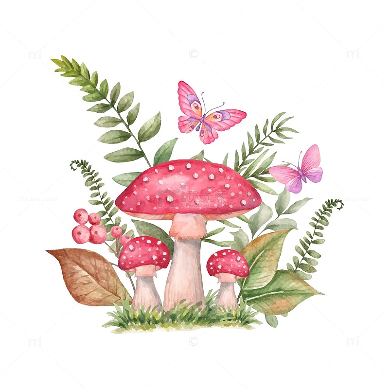 水彩绿植红蘑菇