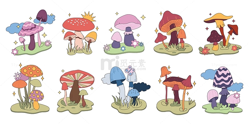 五颜六色的草丛蘑菇