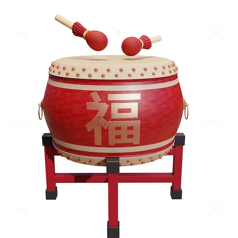 春节红色锣鼓3D立体元素