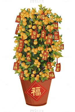 橘子树盆摘挂红色吉祥语
