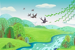 春天绿水青山插画场景