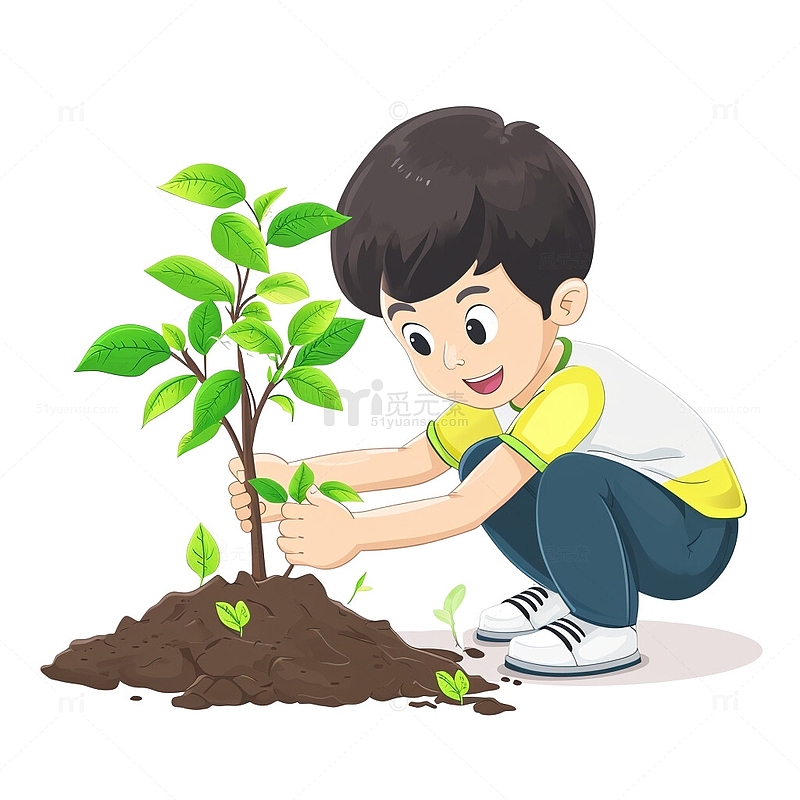 男孩植树插画