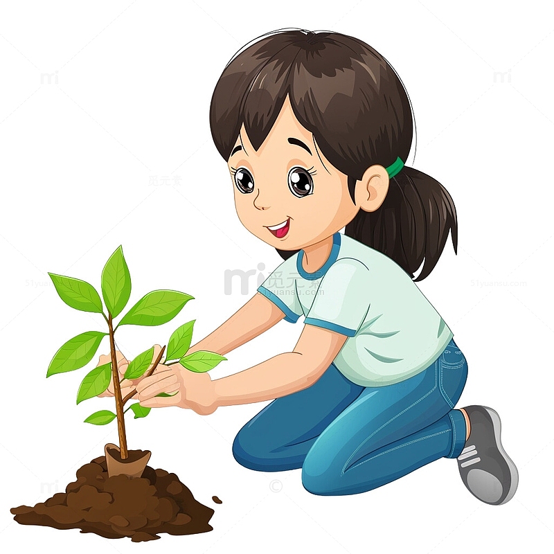 女孩在植树插画