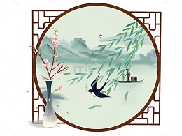 国潮风窗户春天燕子桃花柳枝