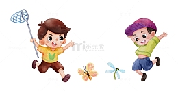 儿童春游抓蝴蝶