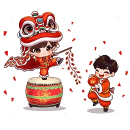 站在鼓上舞狮手绘卡通素材