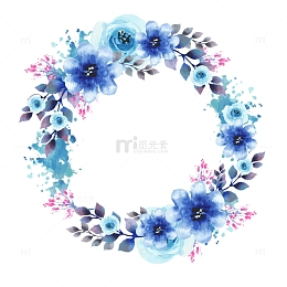 蓝色水彩清新花环