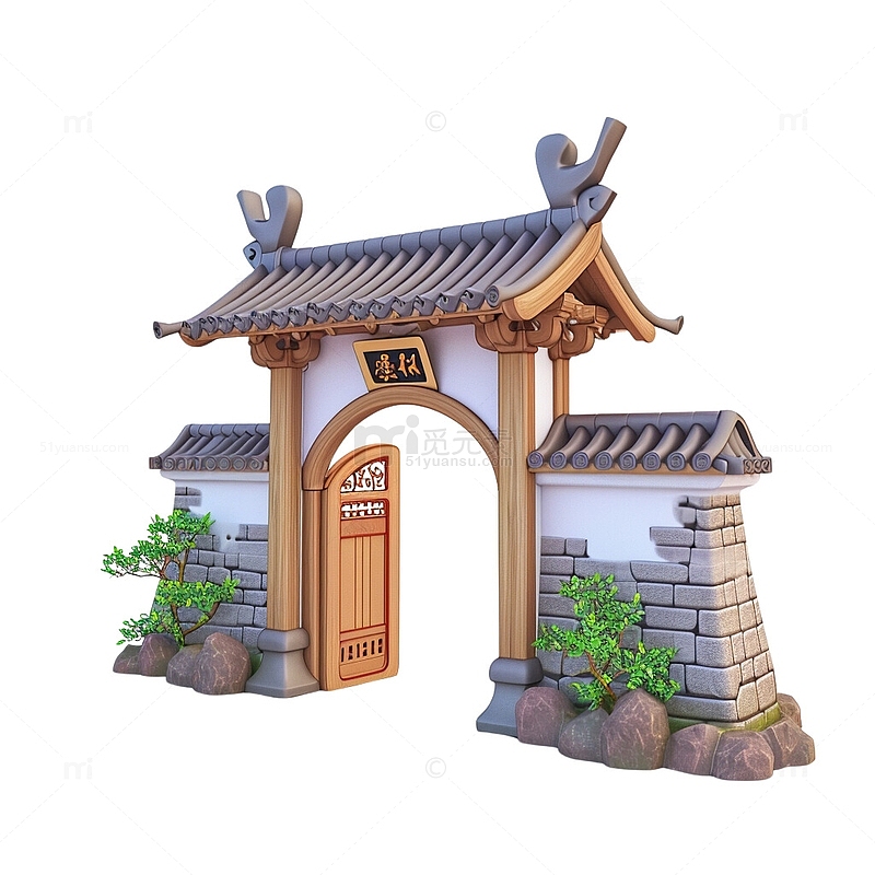 中式建筑大门卡通3D模型