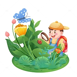 卡通春天动物瓢虫蝴蝶男孩绿色植物花卉草地