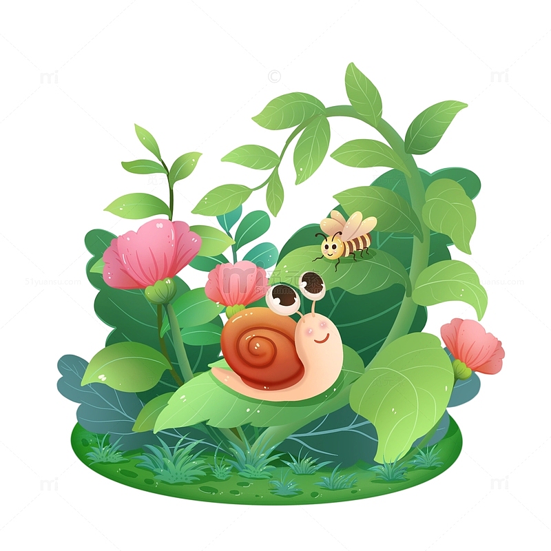可爱卡通春天动物蜗牛蜜蜂绿色植物花卉草地