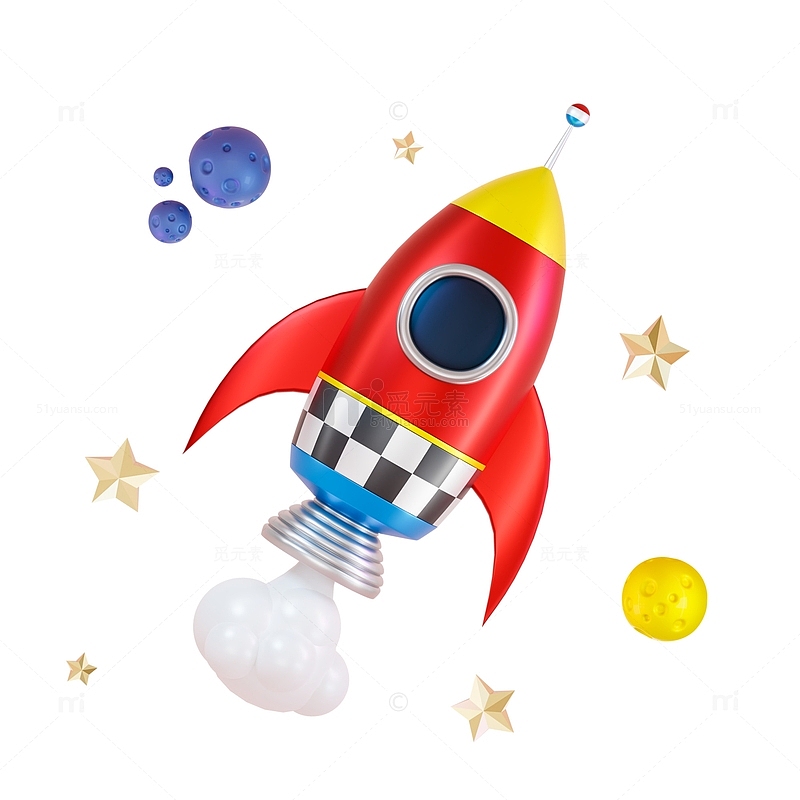 红色卡通小火箭加速航天飞船星球3D模型