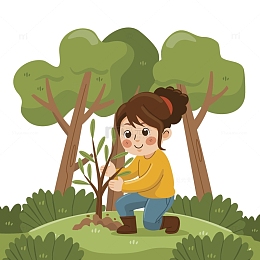 小女孩草坪上种植树木