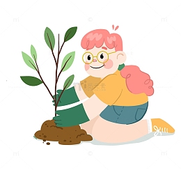 可爱小孩种树卡通插画