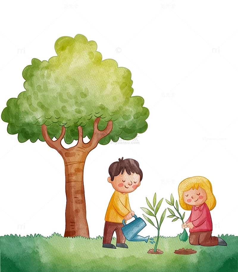 孩童大树下栽种树苗