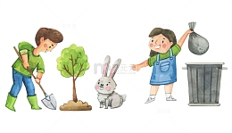 孩童植树扔垃圾环境保护