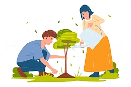 清新手绘春天户外植树