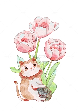 可爱小猫郁金香水彩绿色咖色毛球